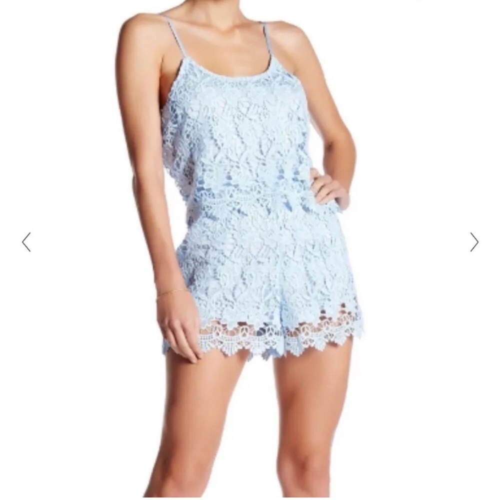 Yumi Kim Anthropologie Baby Blue Jet Set Lace Romper Jumpsuit Mini Size Small